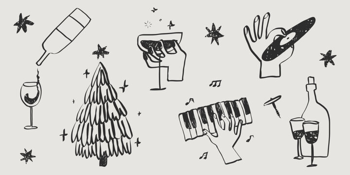 Whimsical chalk Christmas party doodles. Perfect sketch for dinner invitations and Italian restaurant menu. Xmas quirky elements for poster and greeting cards. Handwriting holiday vector illustration
