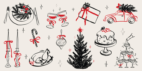 Naklejka premium Retro doodles of Christmas party. Vintage new year icons dinner meals in chalk and crayon drawing. Xmas party elements for poster and greeting cards. Handwriting holiday vector illustration