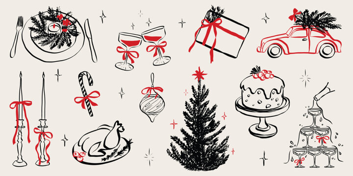 Retro doodles of Christmas party. Vintage new year icons dinner meals in chalk and crayon drawing. Xmas party elements for poster and greeting cards. Handwriting holiday vector illustration