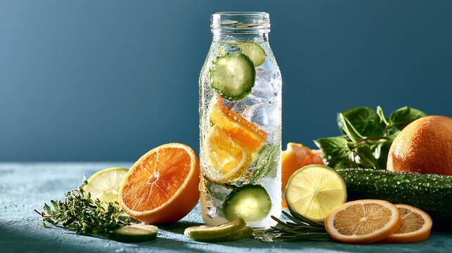 Refreshing Drink Glass bottle of cucumber and citrus infused sparkling water with condensation on blue studio background