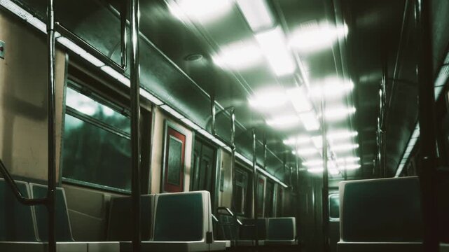 A subway train interior shows empty seats under bright lights. The setting appears modern and industrial. It is likely during a time when few people travel.