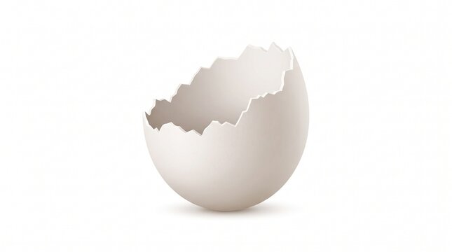 Realistic 3D rendering of a single eggshell half, standing upright with sharp, broken edges, conveying fragility and the aftermath of hatching, isolated on a clean white background