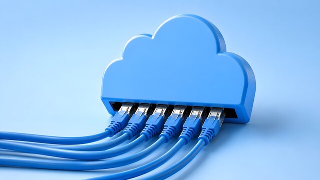Minimalist 3D illustration of a blue cloud computing symbol with multiple blue ethernet cables connected against a solid blue background.
