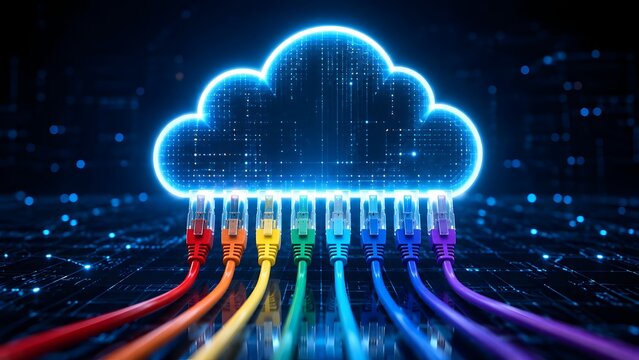 Futuristic glowing digital cloud computing concept with colorful network cables connected to a high tech circuit board background.