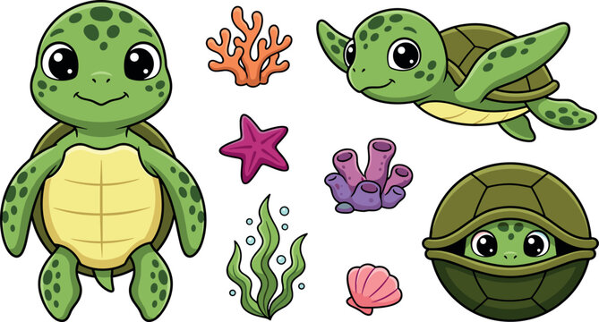 Cute cartoon sea turtle character vector set featuring funny baby tortoises swimming, hiding in shell, with coral reef, starfish, and seaweed elements.