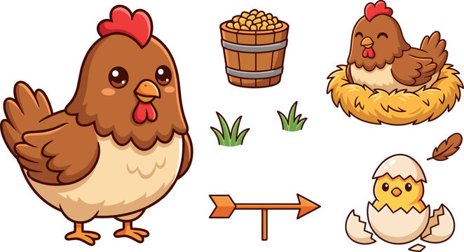Cute cartoon hen and chick vector set featuring a funny brown chicken standing, a hen brooding in a nest, and a baby chick hatching from an eggshell.