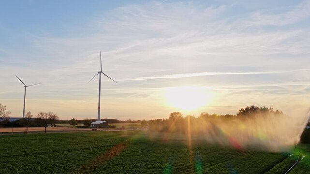 Agricultural harvest. Crop cultivation. Wind turbines farm. Green energy. Sprinkler irrigation system watering field. Wind mill for renewable electric energy production. Irrigation in rural area