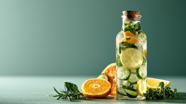 Refreshing Drink Glass bottle of citrus and cucumber infused water with mint and rosemary on teal background with copy space