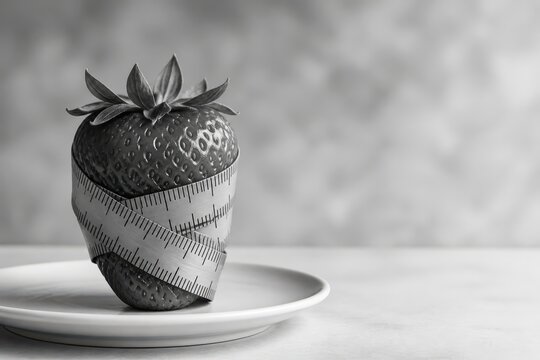 Strawberry Diet Concept with Measuring Tape on Plate in Monochrome