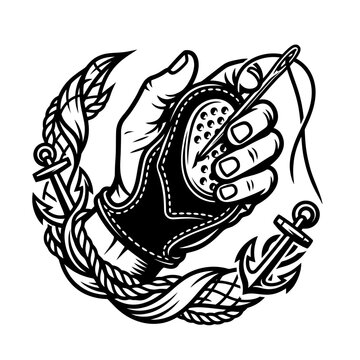 Vintage nautical illustration of hand wearing sailmaker palm tool with needle and anchors