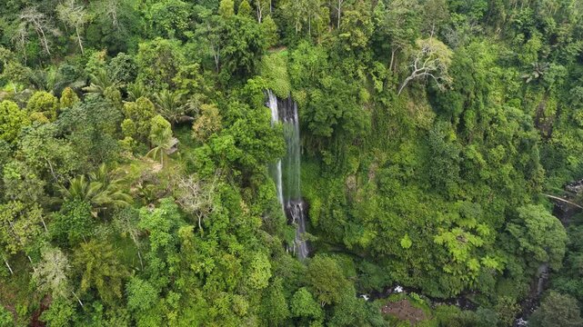 Aerial view of a hidden waterfall cascading through dense tropical jungle foliage in Kuta Selatan, Bali, Indonesia.
