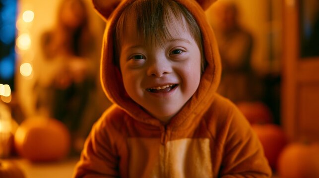 Boy with Down syndrome in a Halloween costume smiling at the camera.