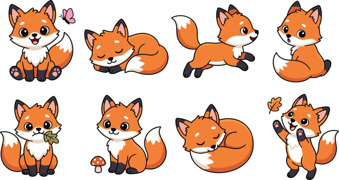 Cute cartoon little fox character set featuring funny baby foxes in various poses including sleeping, jumping, playing with leaves, sitting, and watching a butterfly.