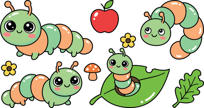 Cute cartoon caterpillar character vector set featuring sweet insects on a leaf, with an apple, mushrooms, and yellow flowers in an adorable kawaii style.