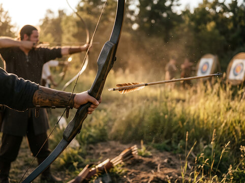 Archer shooting arrow from bow at target in outdoor field during golden hour sunset session.