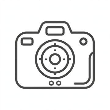 Photo camera icon with line art lens design for digital photography shutter technology app usage.