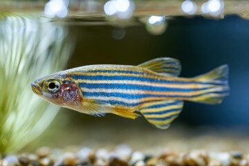 Naklejka premium Zebrafish with blue and orange stripes swimming in an aquarium