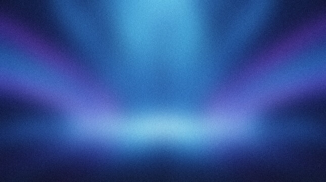 Abstract blue stage background with glowing light beams, cinematic neon spotlight rays, grainy texture gradient for product presentation