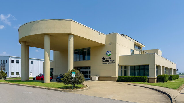 The Terminal at Clarksville Regional Airport in Clarksville, TN, under a beautiful blue August afternoon sky. The airport is frequently referred to as Outlaw Field.