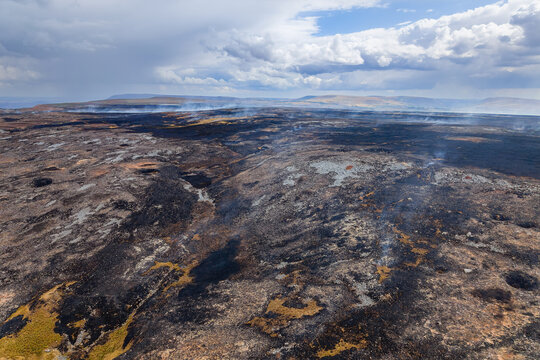 Scorched earth and smoldering peat vegetation after grassfire, wisps of white smoke rising over burnt landscape under heavy clouds, wide view