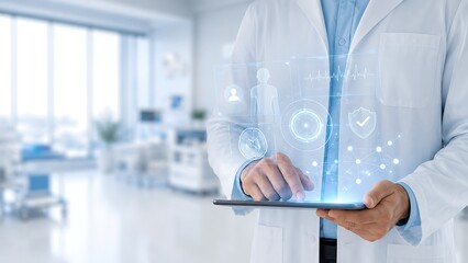 Fototapeta premium Doctor Analyzing Medical Patient Data on Digital Healthcare Tablet