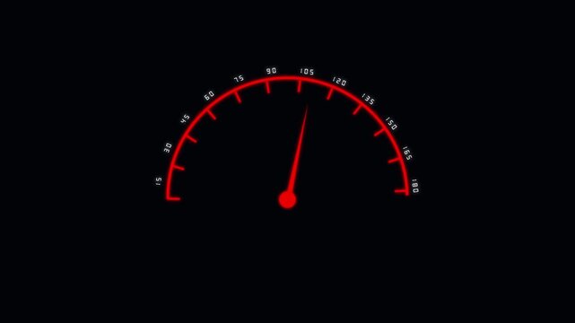 Red Speedometer Needle on Black Background Showing High Speed gauge dial