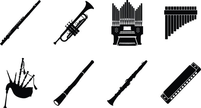 Set of black silhouette wind and brass musical instrument icons on white background
