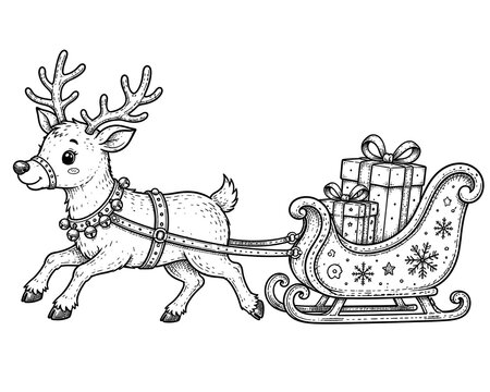 Whimsical reindeer pulling a sleigh filled with Christmas gifts