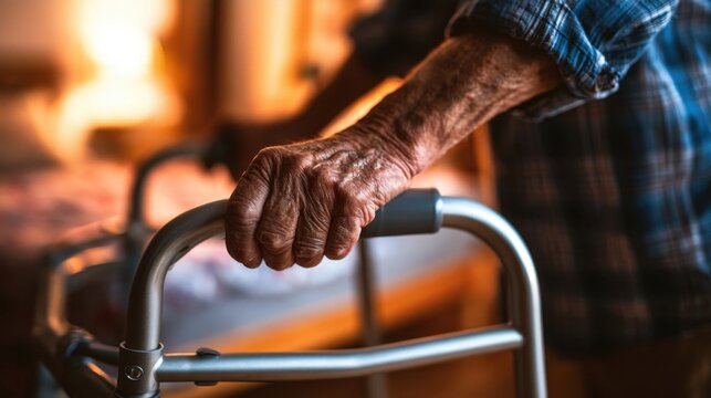 An elderly person's hands gripping a silver walker frame indoors, showing wrinkled skin and dark blue checkered shirt sleeve