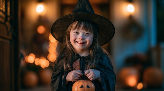 Girl with Down syndrome in a Halloween costume smiling at the camera.