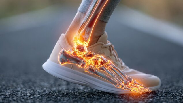 Athletic foot and ankle with glowing orange energy pathways highlighting bones and muscles on a paved surface