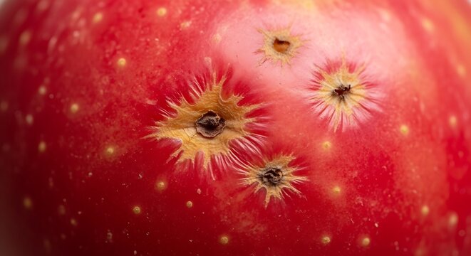 Close up macro view of a red apple skin texture with visible organic surface