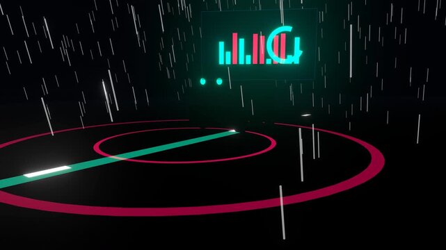 Smart Sidewalk Robot Hyperframe: A futuristic 3D digital animation featuring glowing red concentric circles, floating cyan bar charts, and falling digital data streams against a dark background, repre