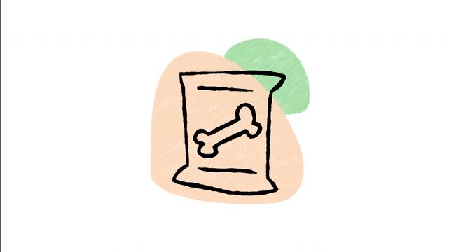 An animated hand-drawn dry dog food bag featuring a bone label. Ideal for canine nutrition, pet store supplies, dog food packaging, and animal care. 