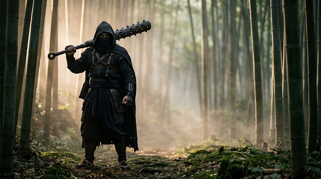 Mysterious hooded warrior clad in dark traditional samurai armor stands holding a heavy spiked club within a misty bamboo forest setting