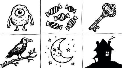 Naklejka premium Naive illustration set with monster candies ornate key crow crescent moon and haunted house