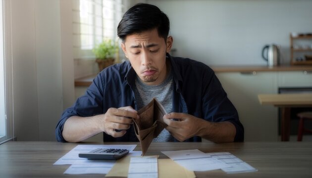 Young adult looking worried while holding an empty wallet.