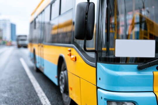 Close-up side view of a yellow and light blue bus parked on a wet city street, showing body panels, windows, and side mirror against a blurred urban