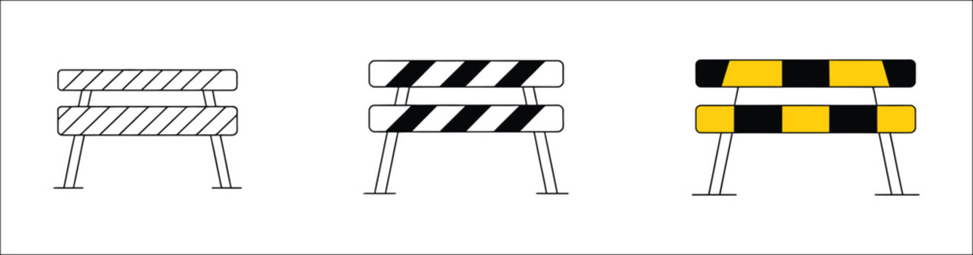 Construction barricades icon set in different line styles, roadblock warning and diversion signs, plain yellow black and white vector silhouettes for design