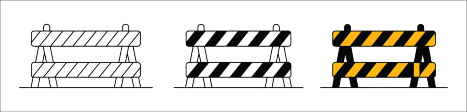 Construction barricades icon set in different line styles, roadblock warning and diversion signs, plain yellow black and white vector silhouettes for design