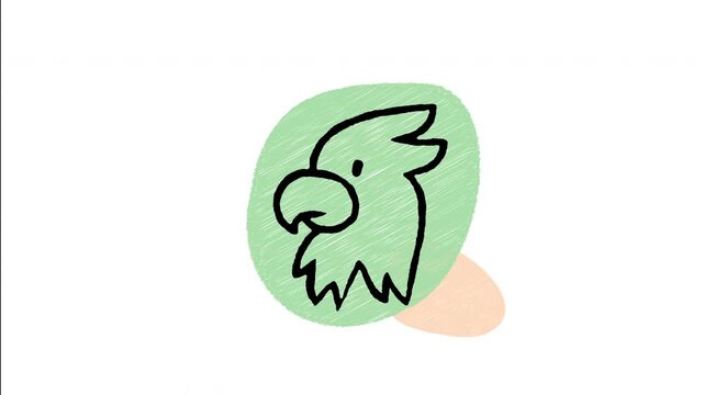 An animated hand-drawn tropical parrot macaw bird head portrait. Perfect for exotic pet birds, tropical wildlife, avian care, pet shops, and zoology. 