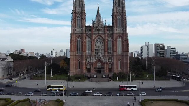 Dynamic drone approach towards the iconic circular stained glass window at the Immaculate Conception Cathedral in La Plata, Argentina.