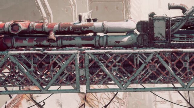 A view of pipes and metal structures covered in snow. The setting shows industrial machinery in a cold environment. Snow covers parts of the scene.