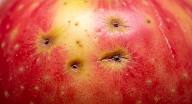 Macro closeup of red apple surface texture displaying multiple small skin