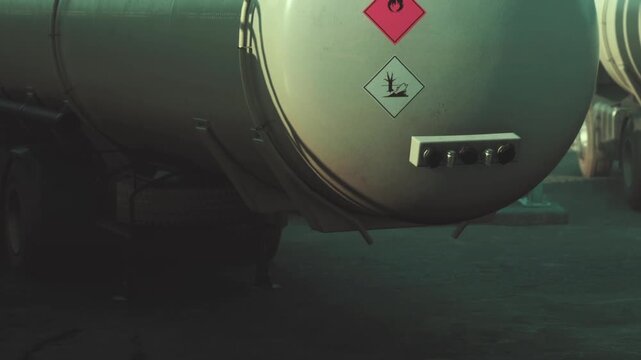 A tanker truck is parked in an industrial location. The truck has warning labels indicating hazardous materials. Nearby vehicles and equipment are visible in the background.
