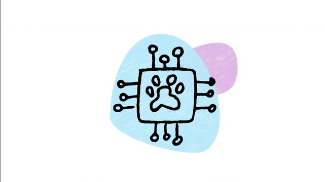 An animated hand-drawn microchip circuit with a paw print for pet tracking. Perfect for digital pet identification, GPS microchipping, veterinary tech, and lost pet recovery. 