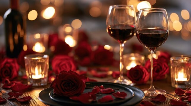 Cozy romantic dinner table arrangement with red wine glasses and lit candles