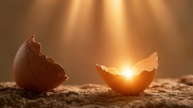 Cracked brown eggshell pieces glowing with warm golden light on textured earth