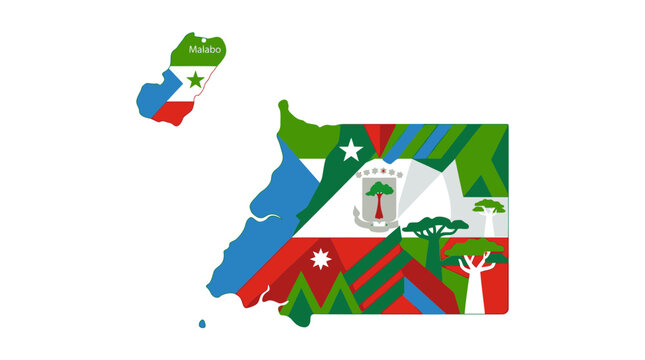Equatorial Guinea Map Filled With National Flag and Native Baobabs