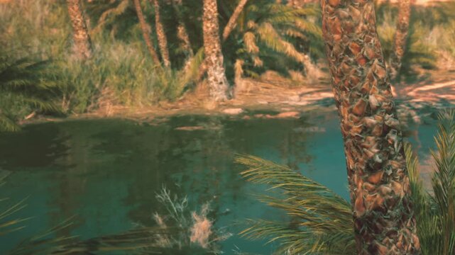 Palm trees are growing around a small pond with clear water. Green plants are visible along the edge of the pond. The sun shines brightly over the scene during the day.